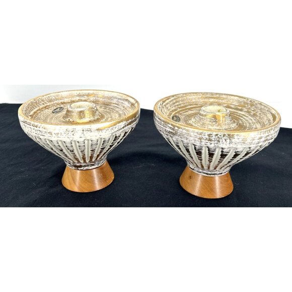Haeger Gold Tweed Glaze Candleholders 22kt Lot of 2 Ceramic 4" Tall Wood Base - Picture 7 of 12